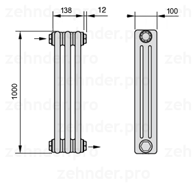 Схема (чертеж) Радиатор Zehnder Charleston 3100/3 №1670 Белый глянцевый RAL 9016